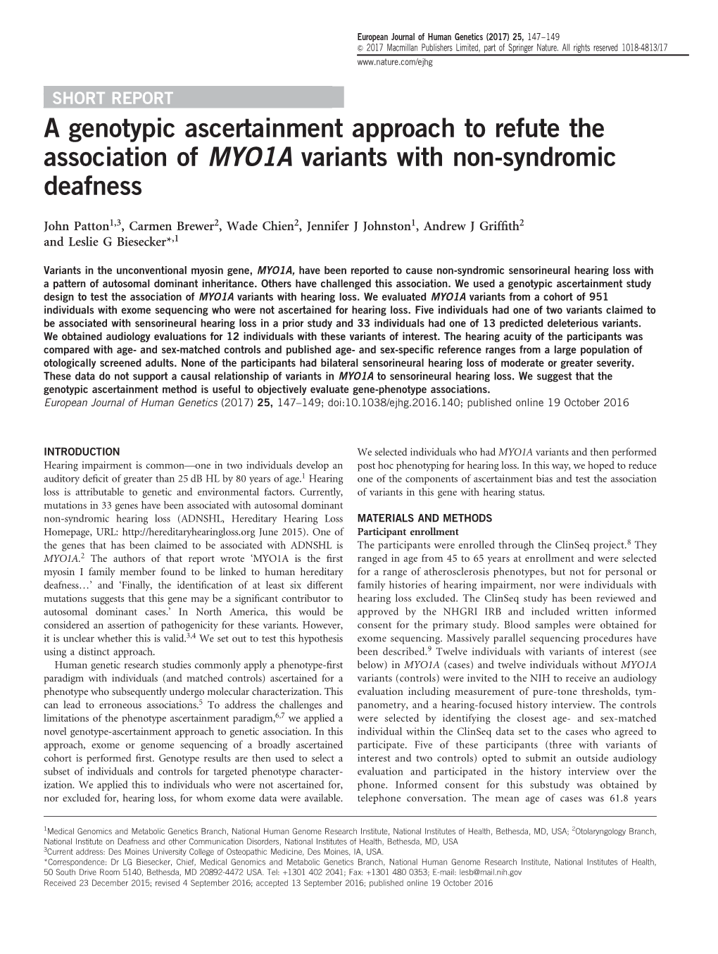 A Genotypic Ascertainment Approach to Refute the Association of MYO1A Variants with Non-Syndromic Deafness