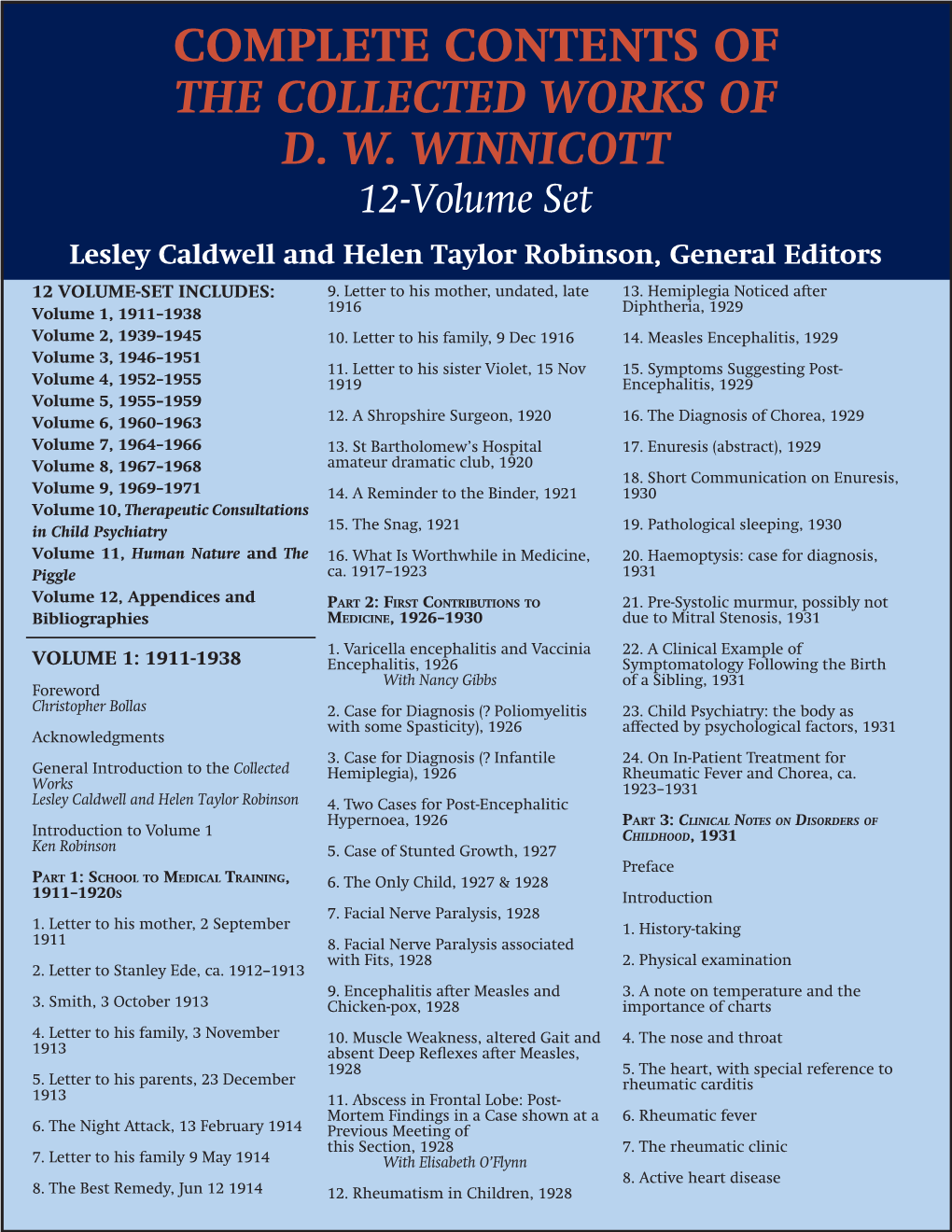 COMPLETE CONTENTS of the COLLECTED WORKS of D. W. WINNICOTT 12-Volume Set Lesley Caldwell and Helen Taylor Robinson, General Editors 12 VOLUME-SET INCLUDES: 9