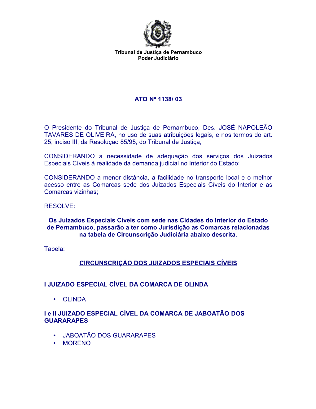 ATO Nº 1138/ 03 O Presidente Do Tribunal De Justiça De Pernambuco