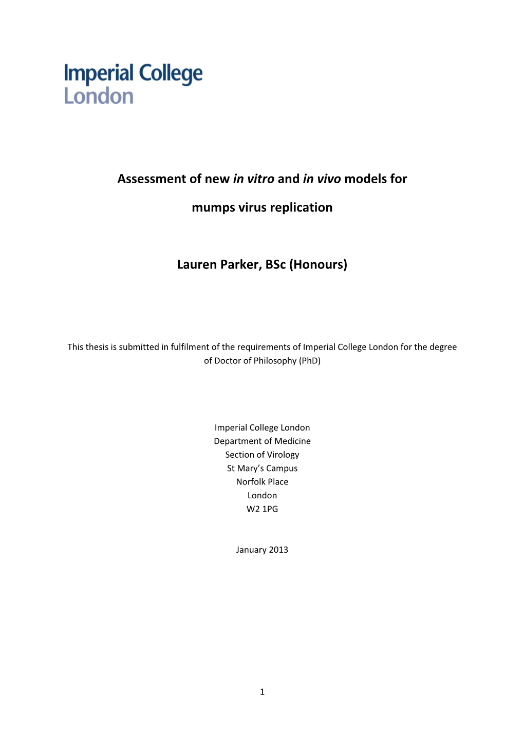 Assessment of New in Vitro and in Vivo Models for Mumps Virus Replication