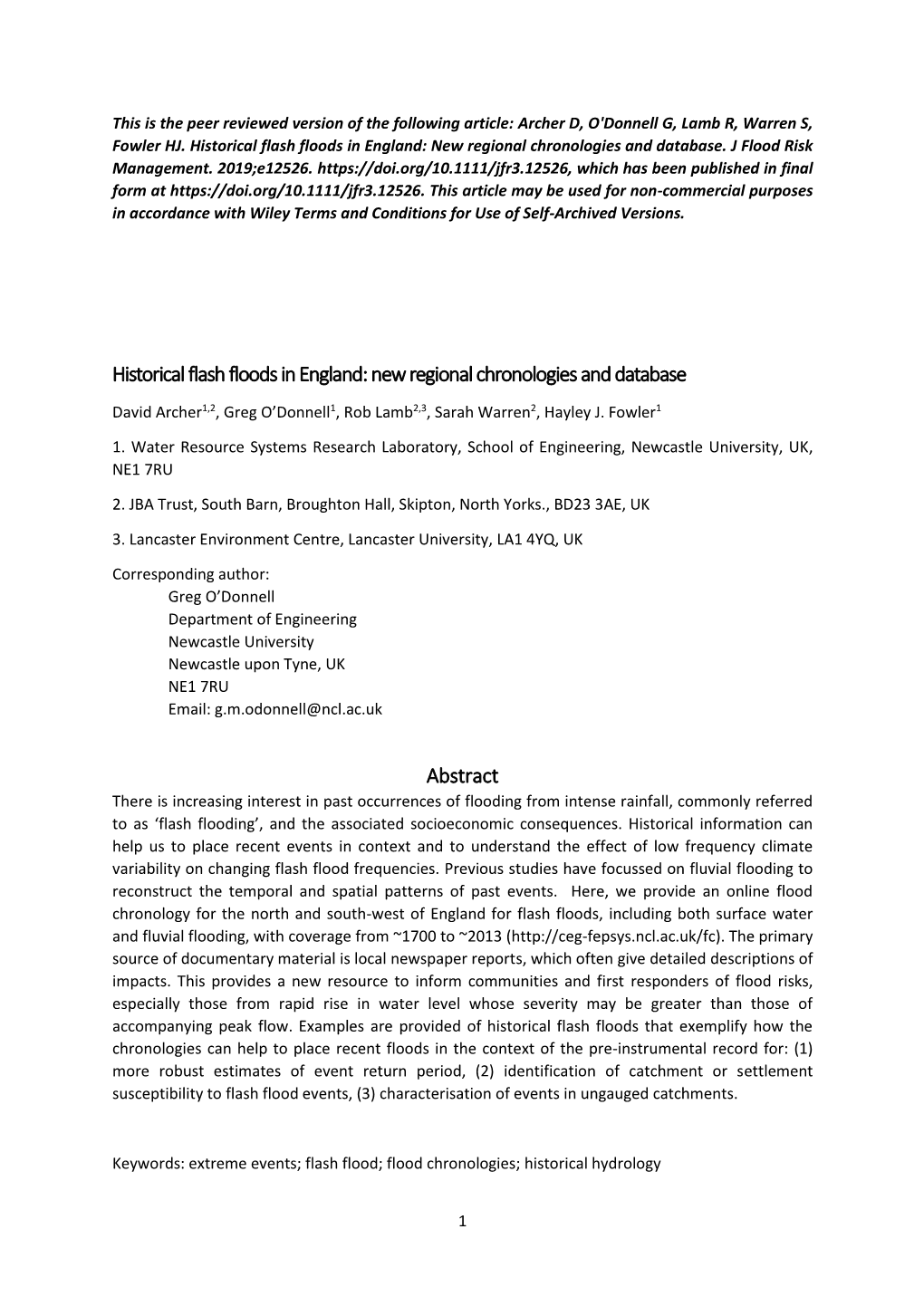 Historical Flash Floods in England: New Regional Chronologies and Database