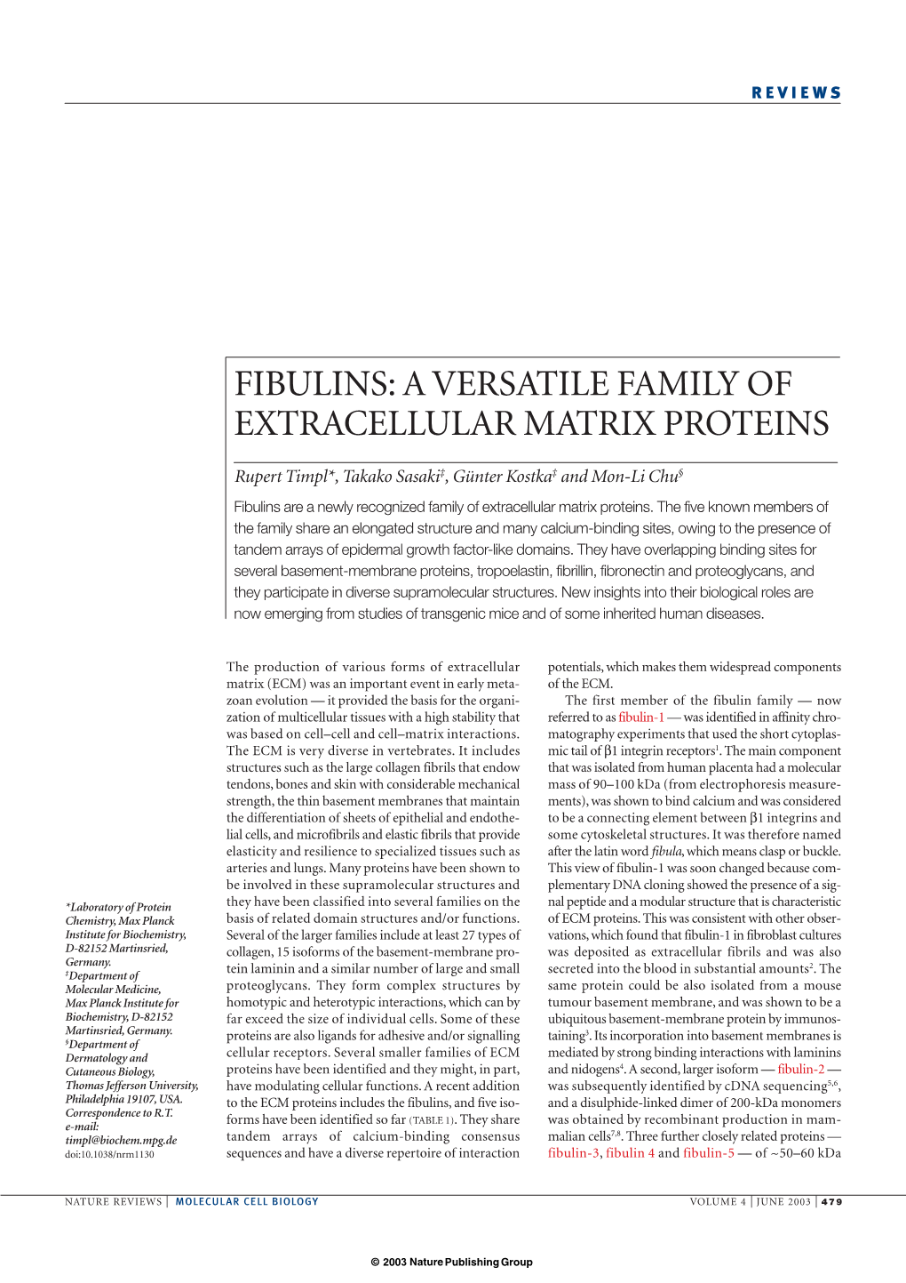 Fibulins: a Versatile Family of Extracellular Matrix Proteins