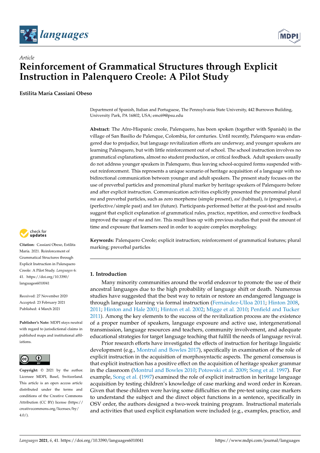 Reinforcement of Grammatical Structures Through Explicit Instruction in Palenquero Creole: a Pilot Study