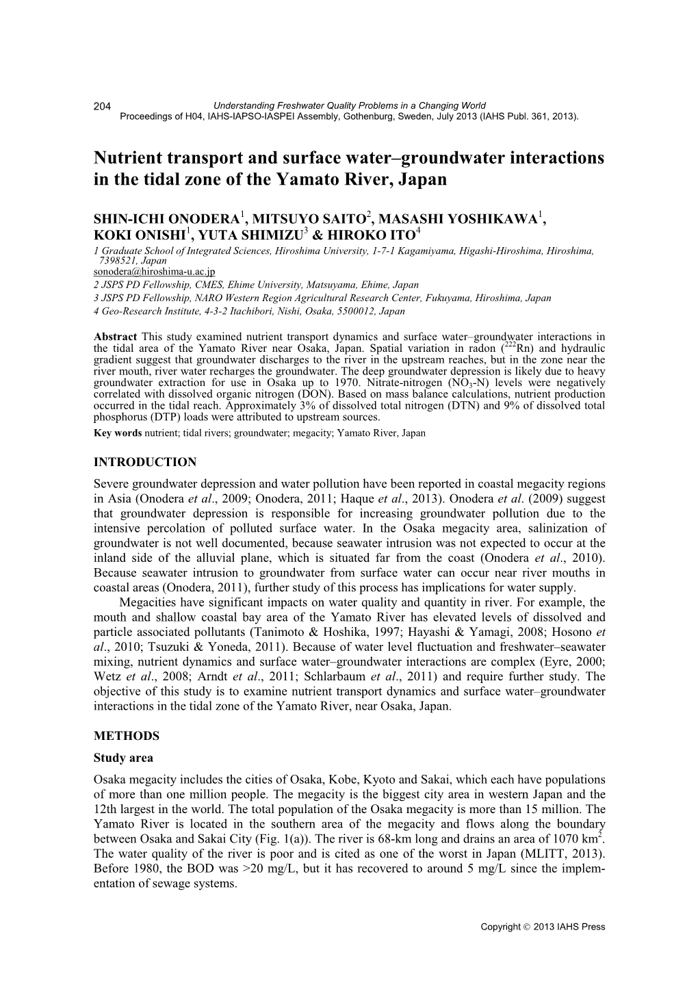 Nutrient Transport and Surface Water–Groundwater Interactions in the Tidal Zone of the Yamato River, Japan