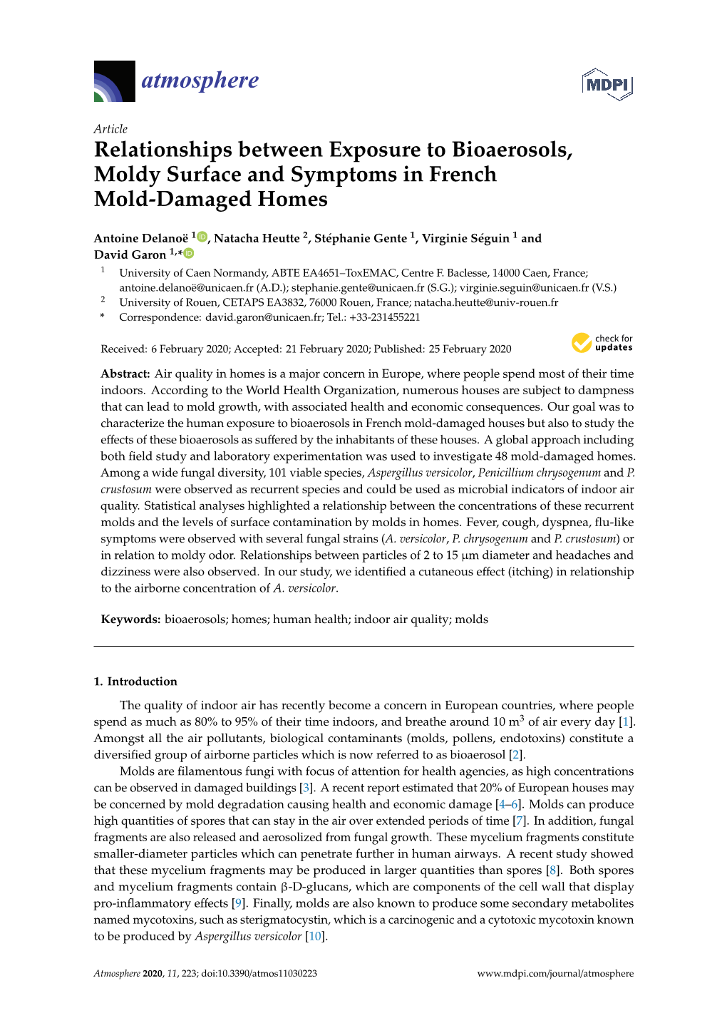 Relationships Between Exposure to Bioaerosols, Moldy Surface and Symptoms in French Mold-Damaged Homes