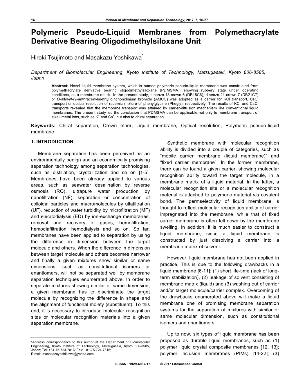 Polymeric Pseudo-Liquid Membranes from Polymethacrylate Derivative Bearing Oligodimethylsiloxane Unit