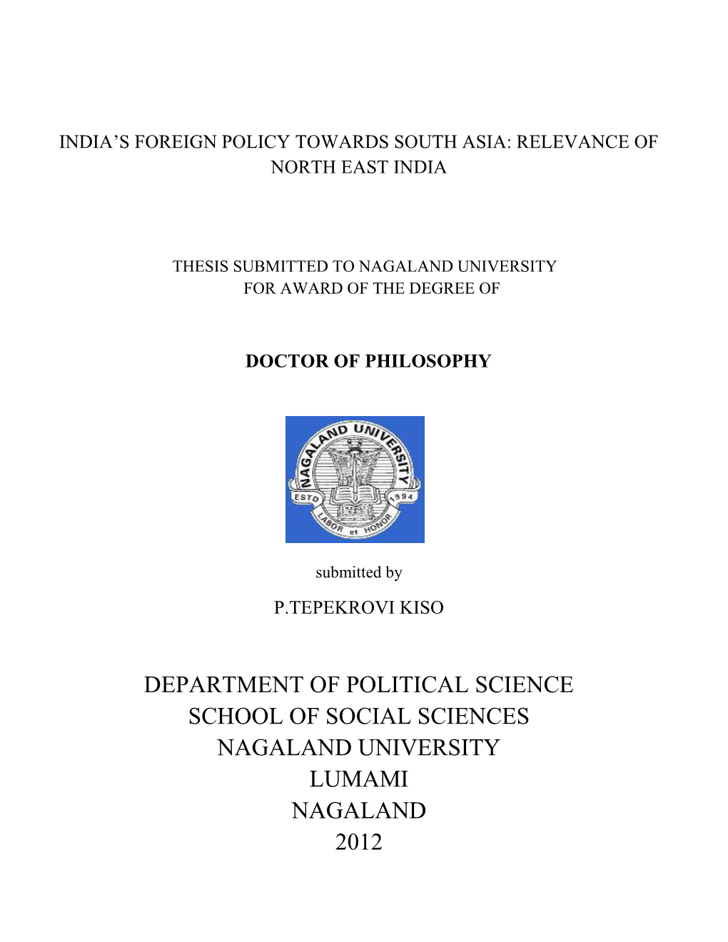 Department of Political Science School of Social