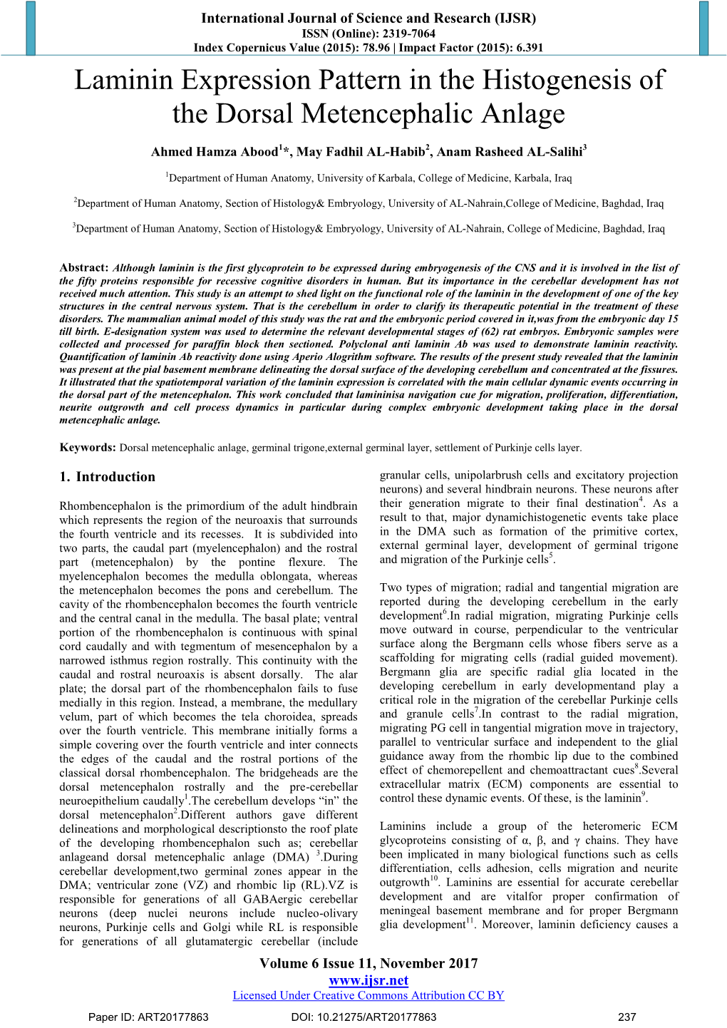 Laminin Expression Pattern in the Histogenesis of the Dorsal Metencephalic Anlage