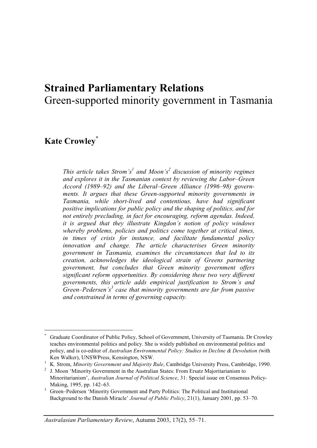 Green-Supported Minority Government in Tasmania