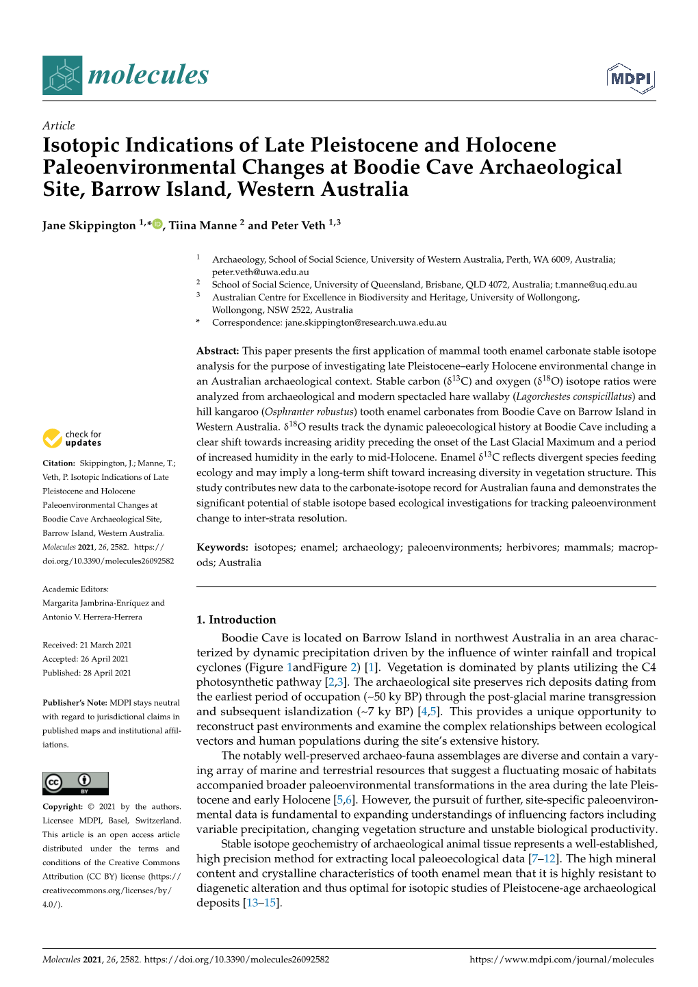 Isotopic Indications of Late Pleistocene and Holocene Paleoenvironmental Changes at Boodie Cave Archaeological Site, Barrow Island, Western Australia