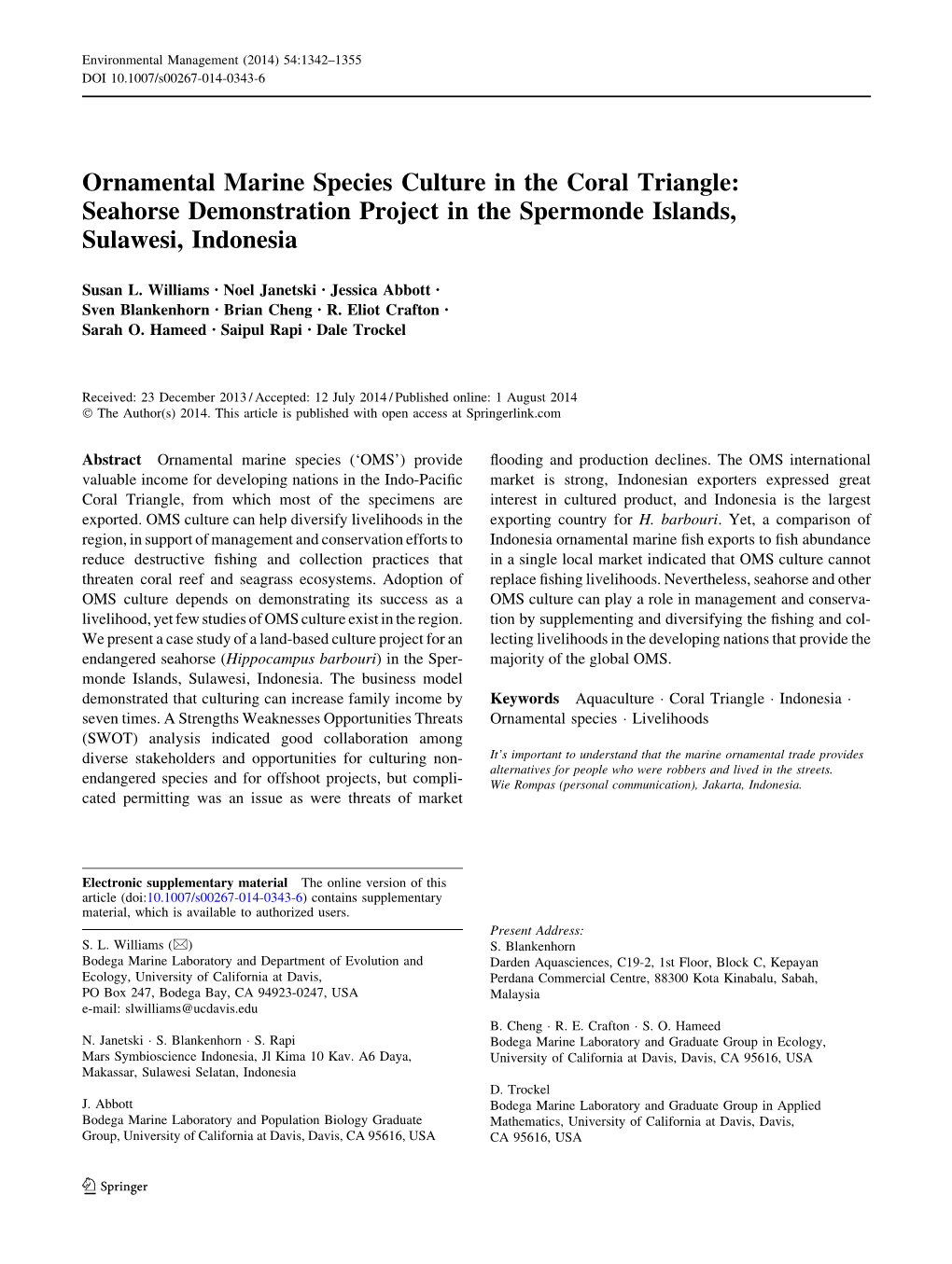 Ornamental Marine Species Culture in the Coral Triangle: Seahorse Demonstration Project in the Spermonde Islands, Sulawesi, Indonesia