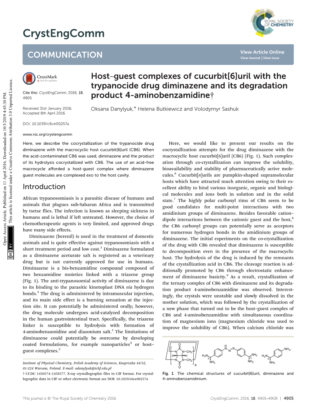 Host–Guest Complexes of Cucurbit [6] Uril with the Trypanocide Drug
