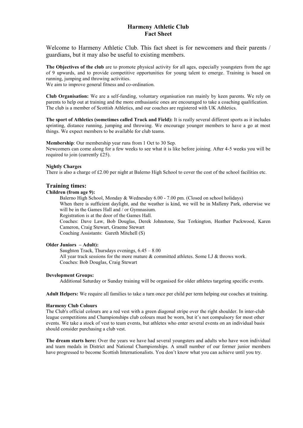 Harmeny Athletic Club Fact Sheet