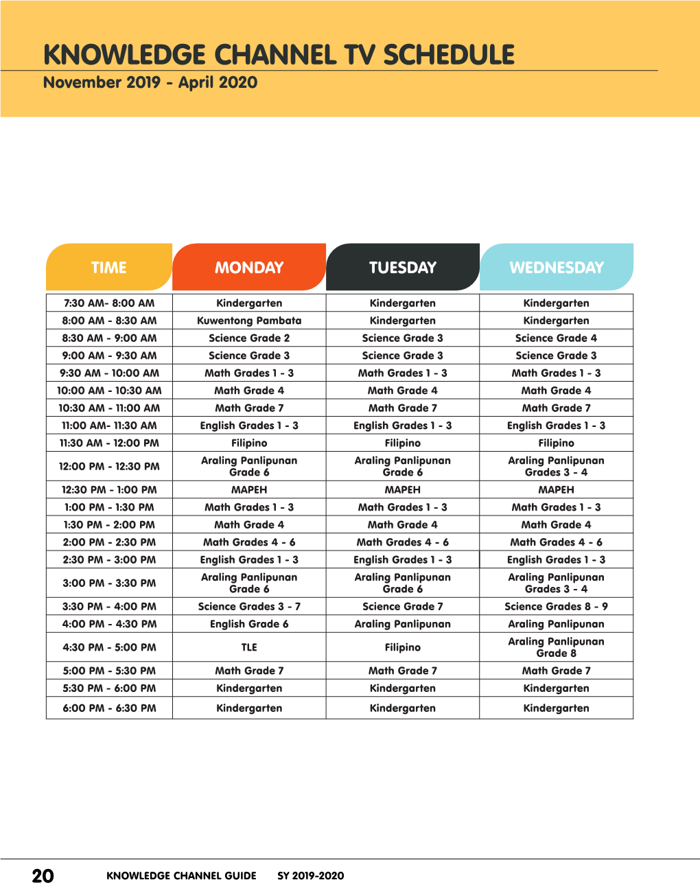 KNOWLEDGE CHANNEL TV SCHEDULE November 2019 - April 2020