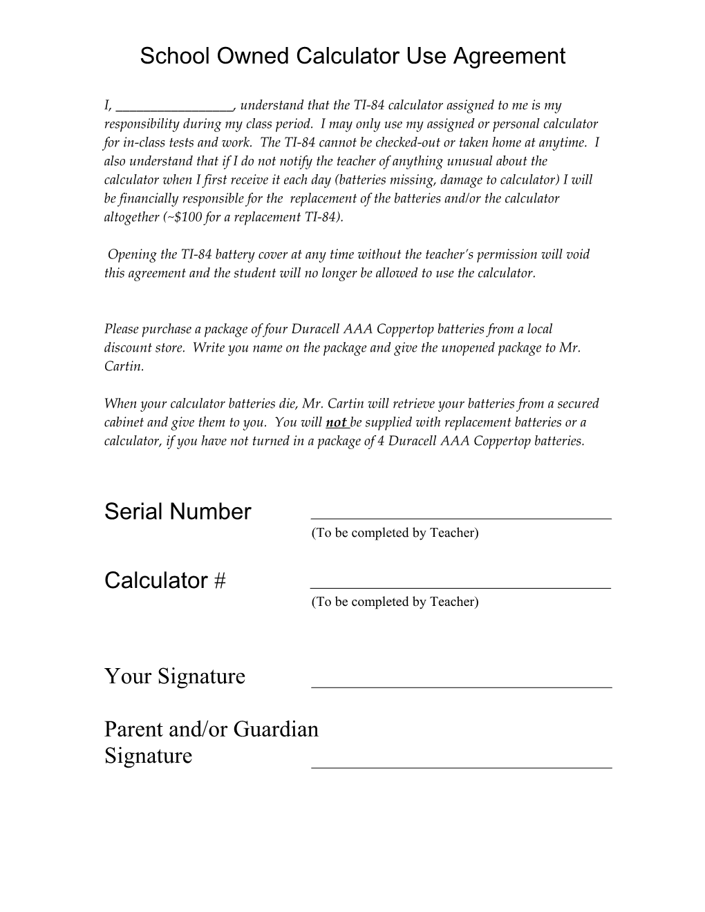 School Owned Calculator Use Agreement