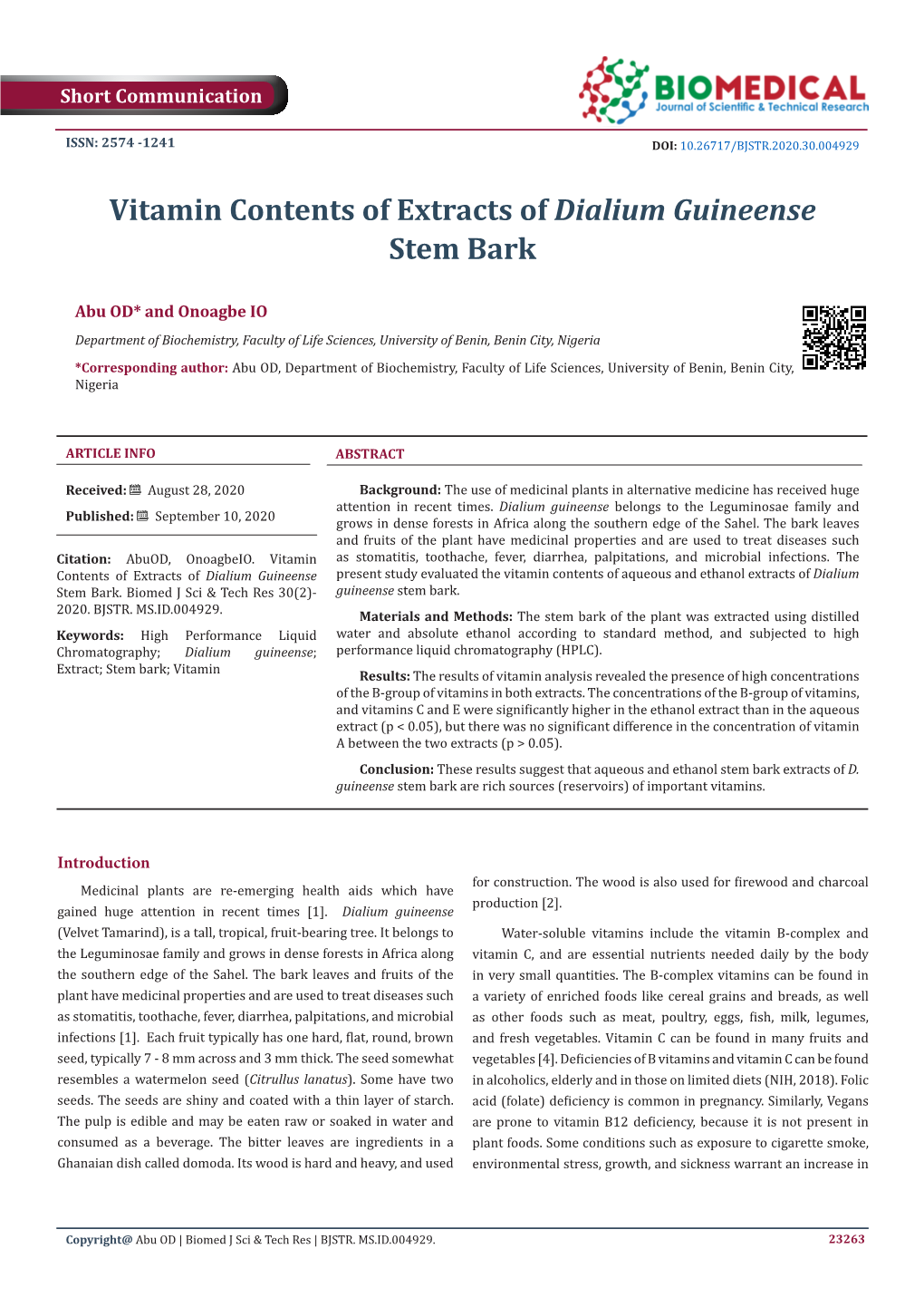 Vitamin Contents of Extracts of Dialium Guineense Stem Bark