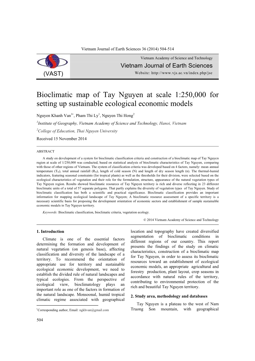 Bioclimatic Map of Tay Nguyen at Scale 1:250,000 for Setting up Sustainable Ecological Economic Models