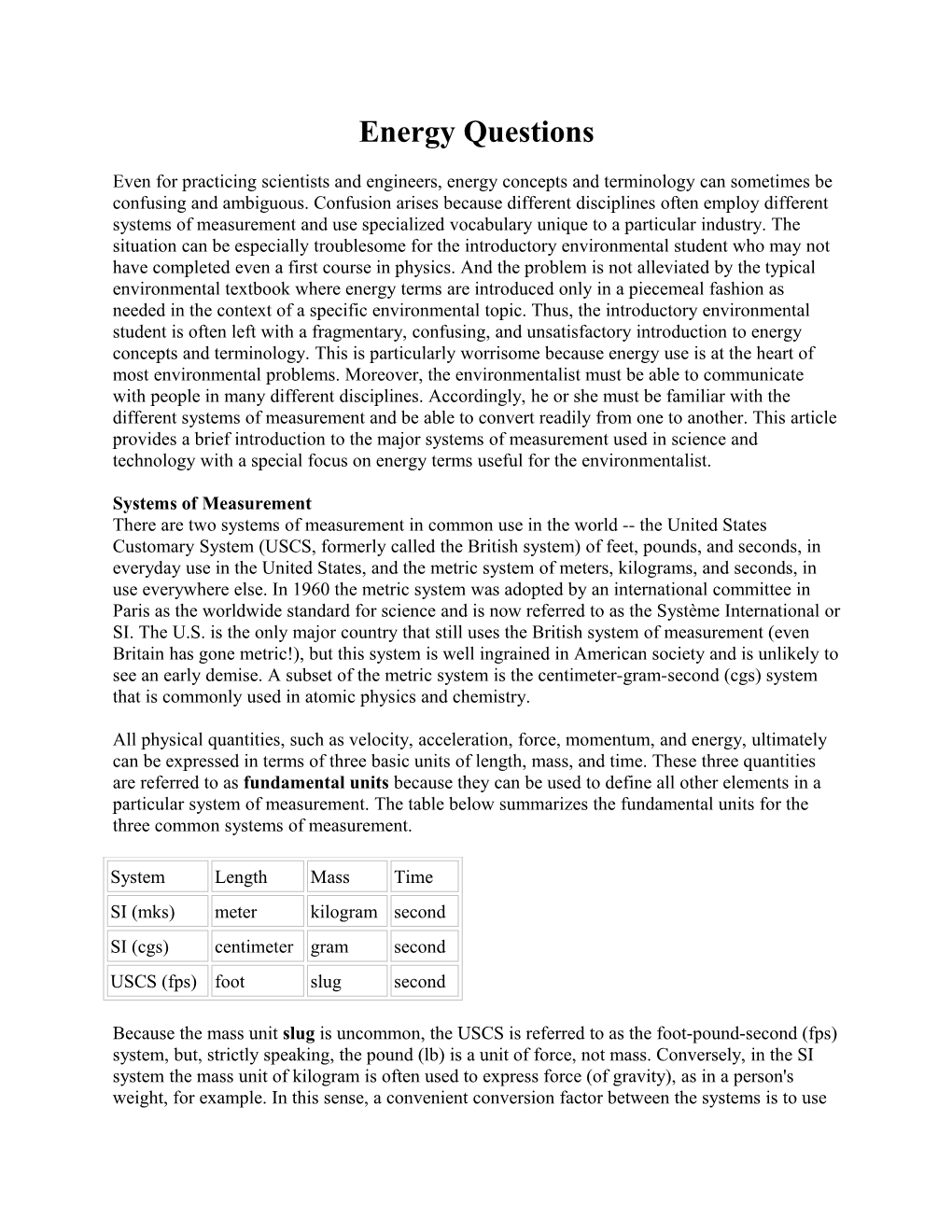 An Energy Primer for the AP Environmental Science Student