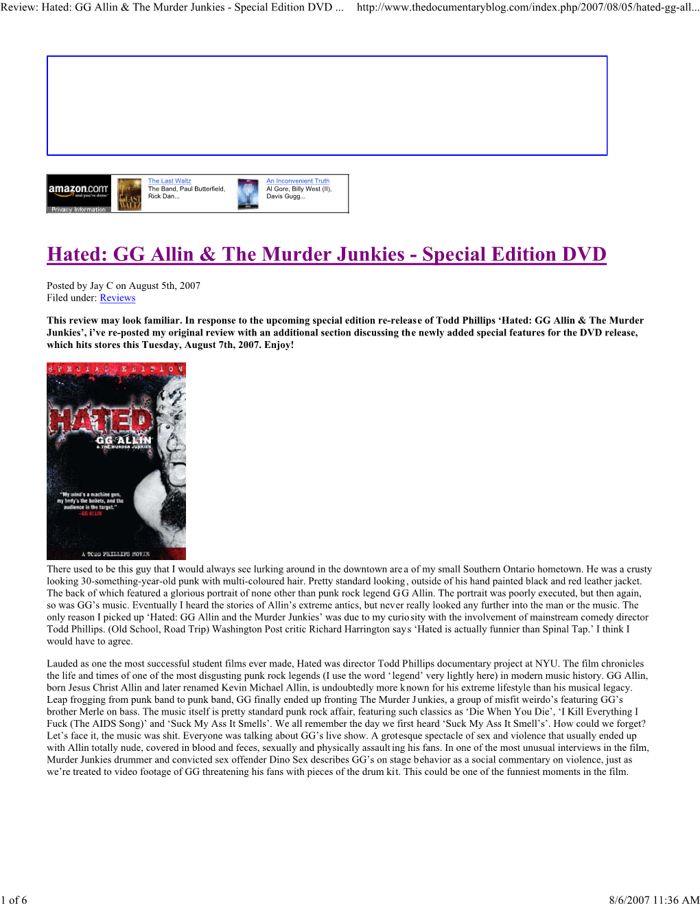 Review: Hated: GG Allin & the Murder Junkies