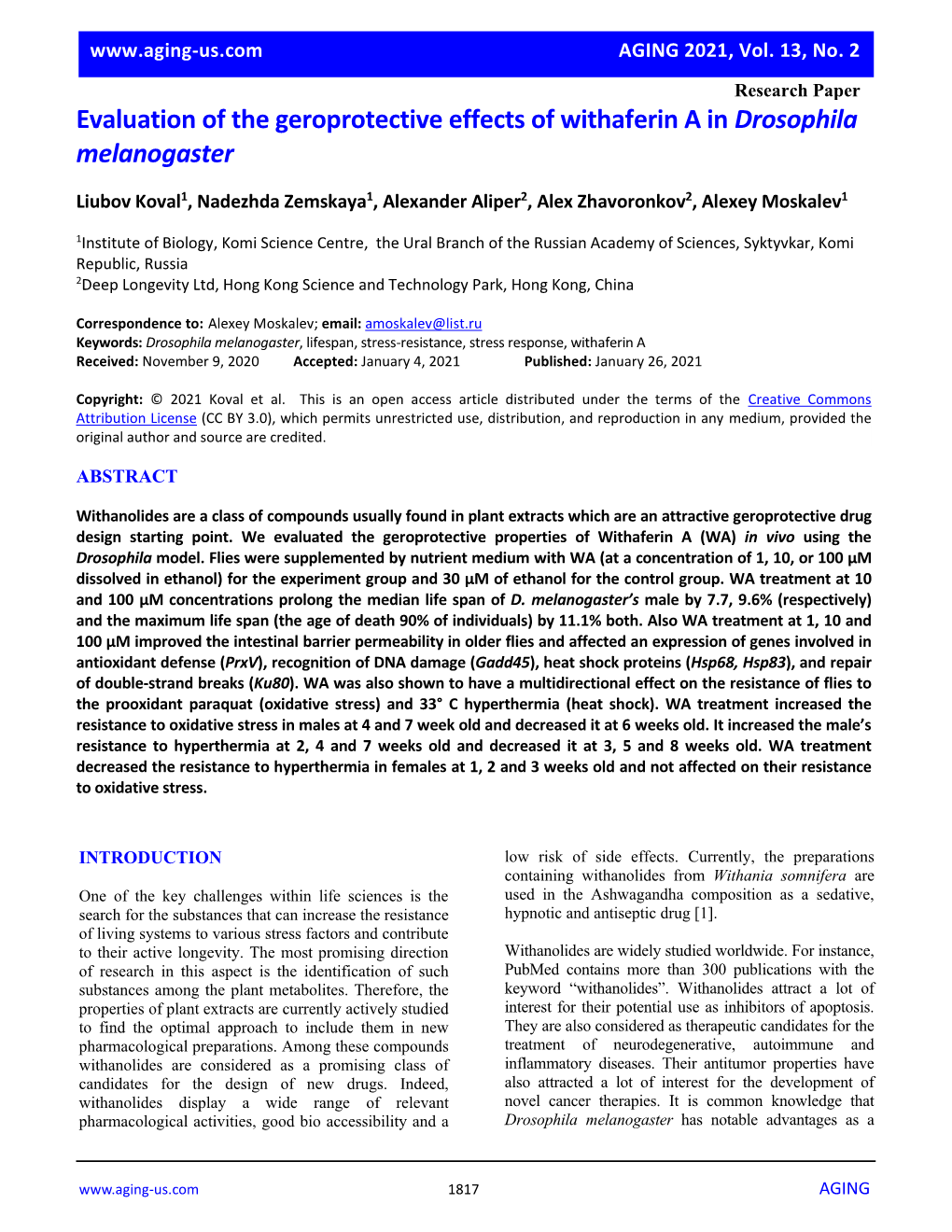 Evaluation of the Geroprotective Effects of Withaferin a in Drosophila Melanogaster