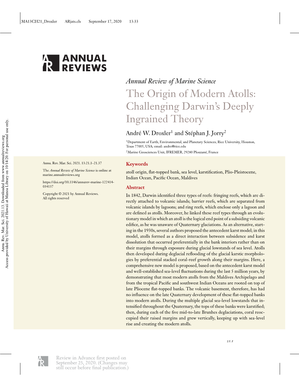 The Origin of Modern Atolls: Challenging Darwin’S Deeply Ingrained Theory André W