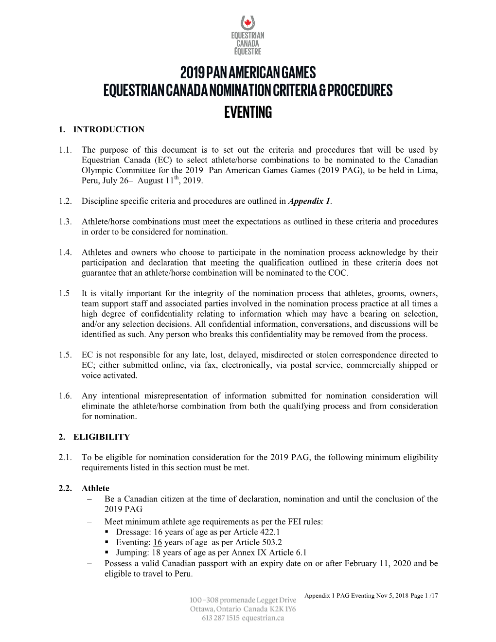 2019 Pan American Games Equestrian Canada Nomination Criteria & Procedures Eventing