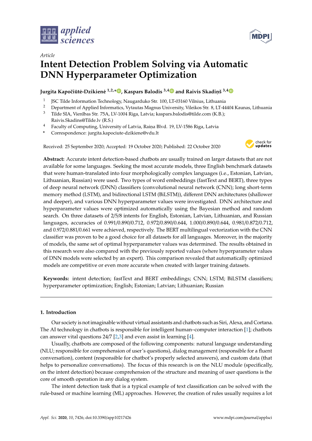 Intent Detection Problem Solving Via Automatic DNN Hyperparameter Optimization
