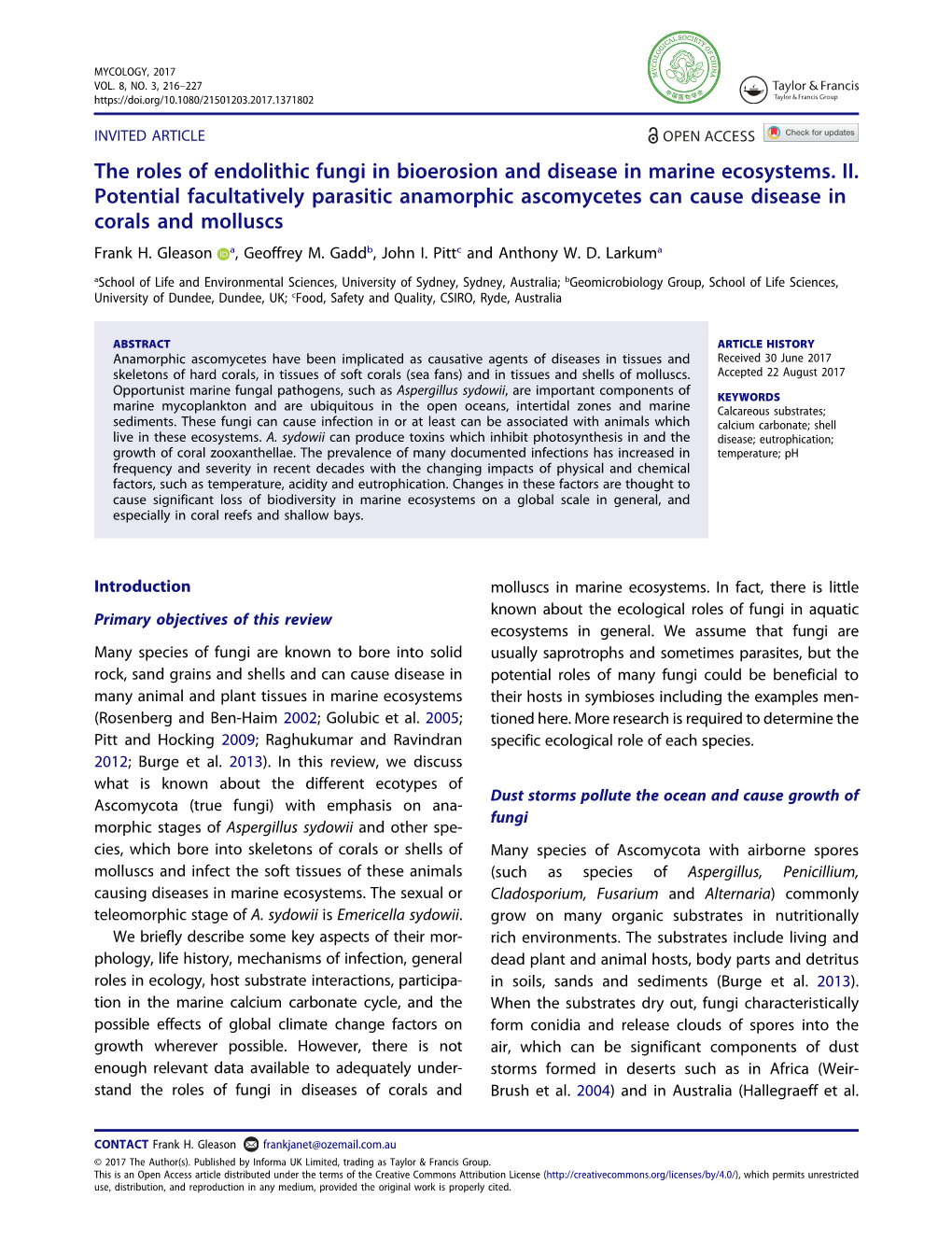 The Roles of Endolithic Fungi in Bioerosion and Disease in Marine Ecosystems. II. Potential Facultatively Parasitic Anamorphic A