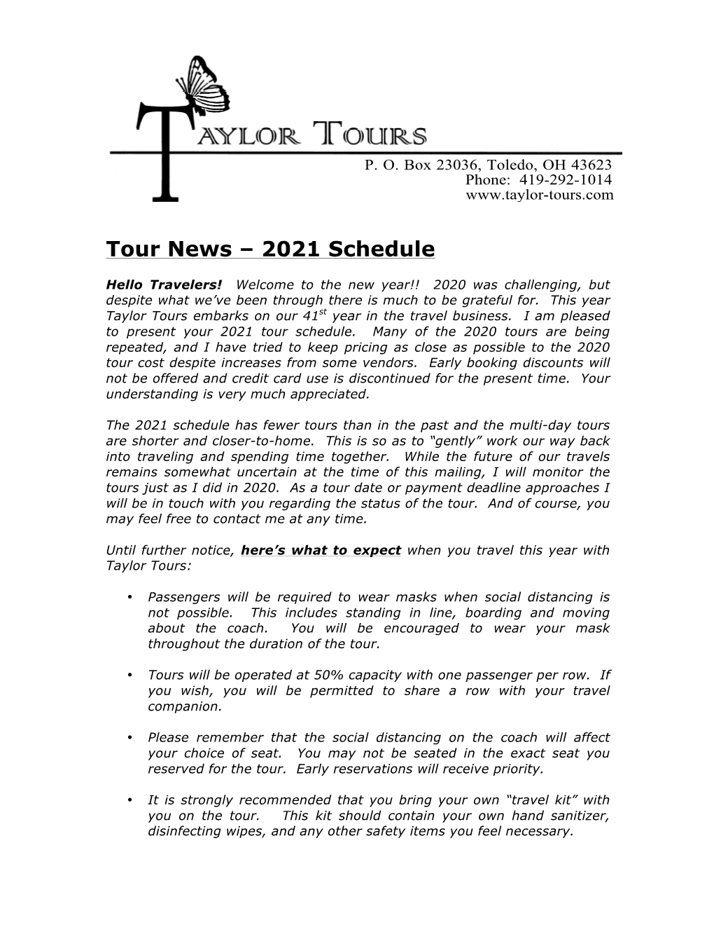 Taylor Tours Schedule 2021.Pdf