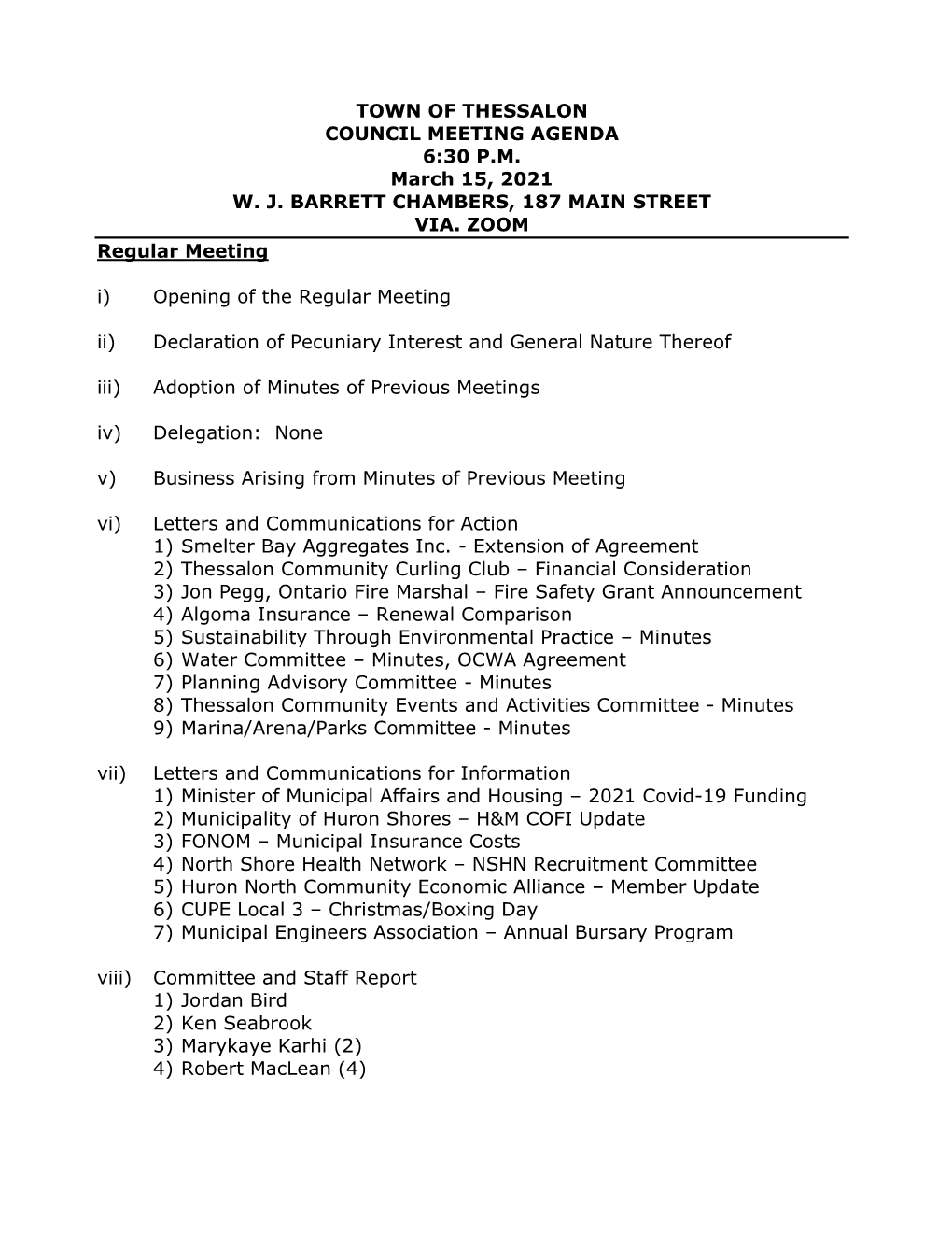 March 15, 2021 Council Meeting Agenda