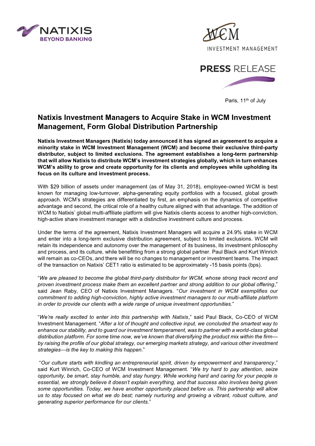 Natixis Investment Managers to Acquire Stake in WCM Investment Management, Form Global Distribution Partnership