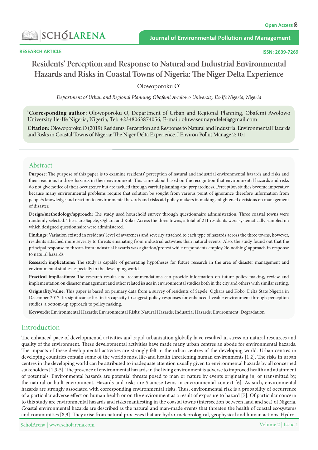 Residents' Perception and Response to Natural and Industrial Environmental Hazards and Risks in Coastal Towns of Nigeria