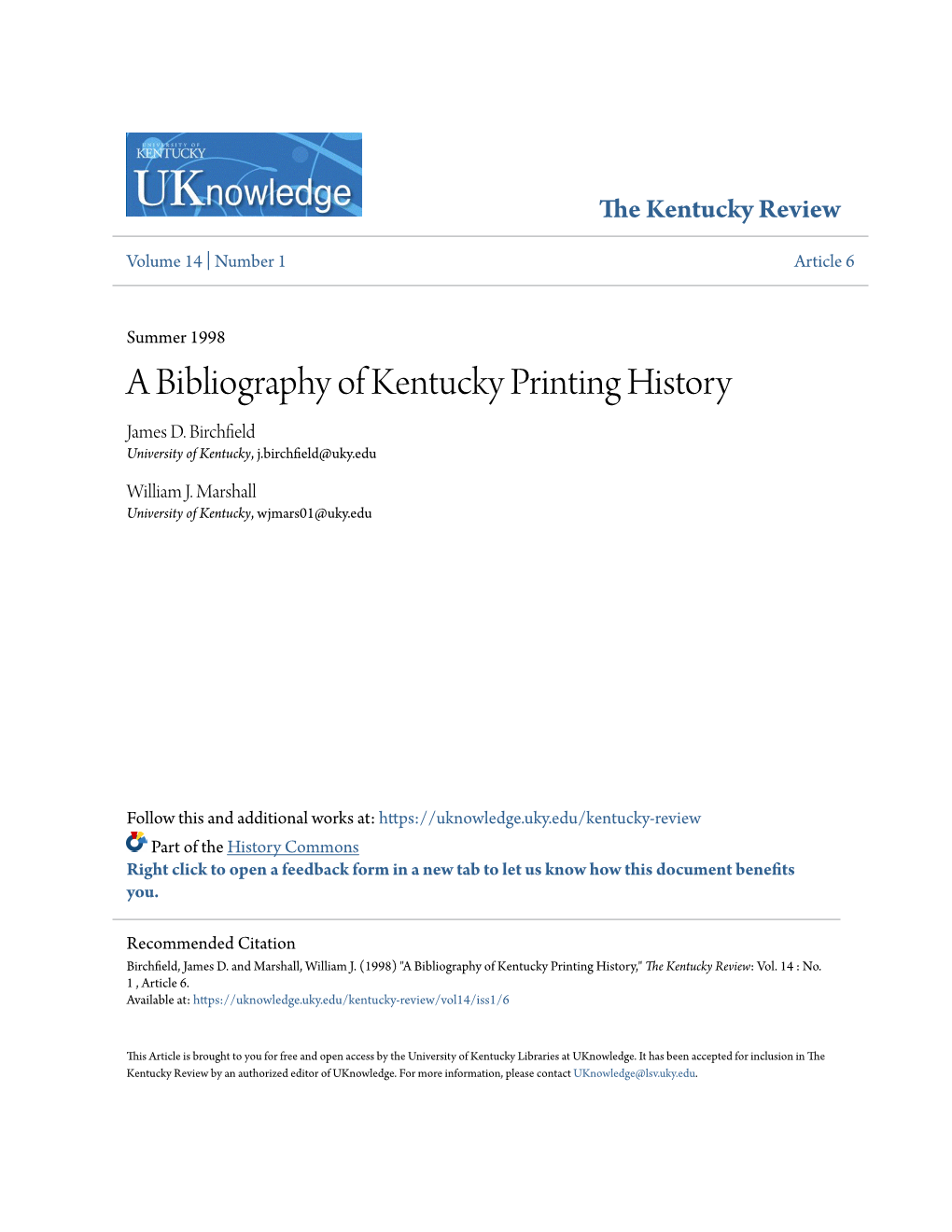 A Bibliography of Kentucky Printing History James D