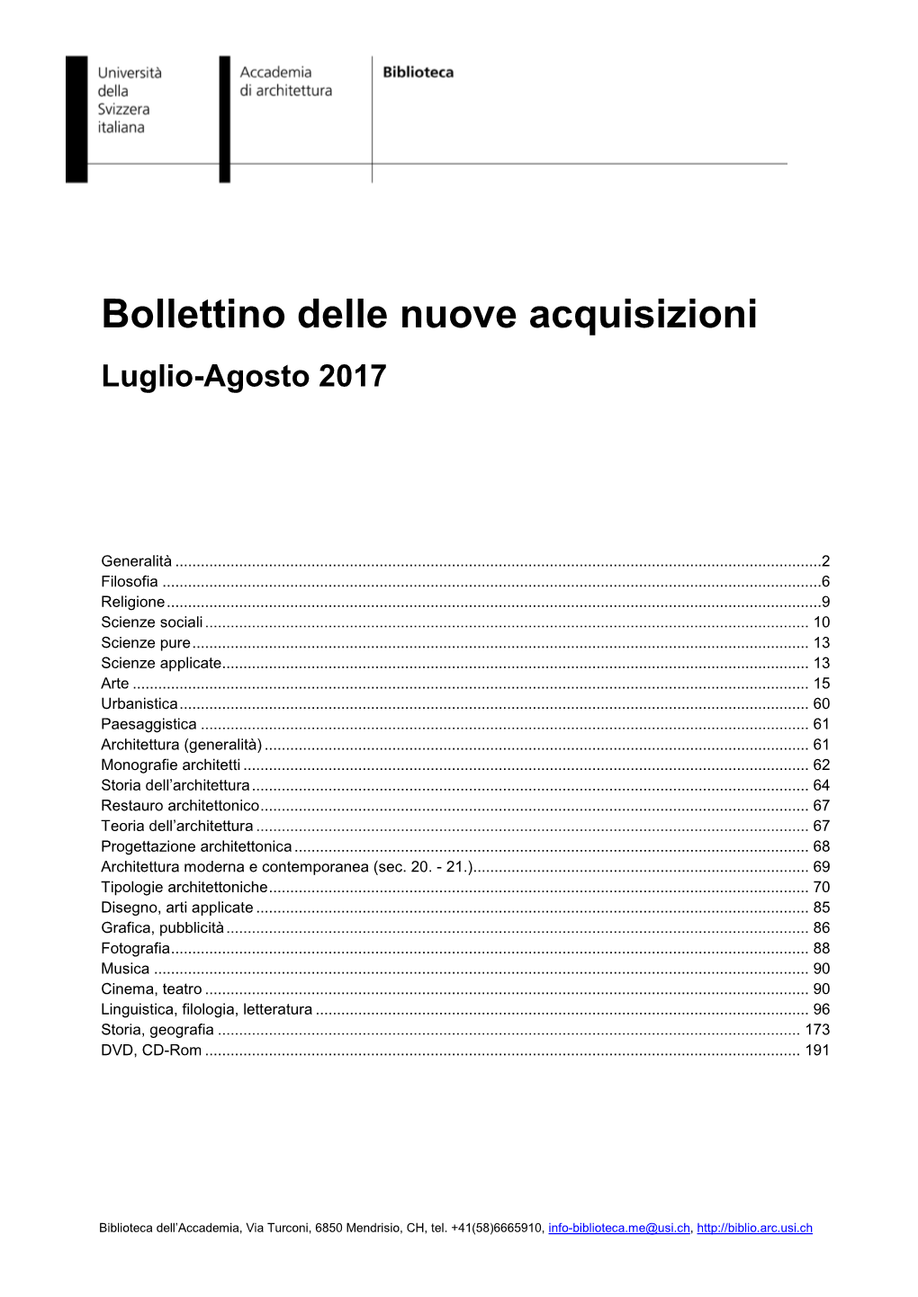 Bollettino Delle Nuove Acquisizioni Luglio-Agosto 2017