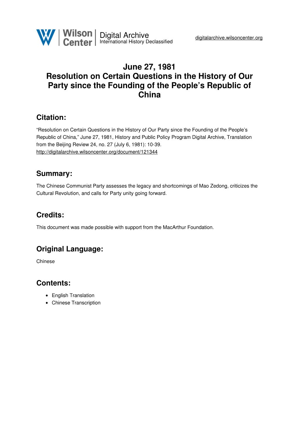 June 27, 1981 Resolution on Certain Questions in the History of Our Party Since the Founding of the People’S Republic of China