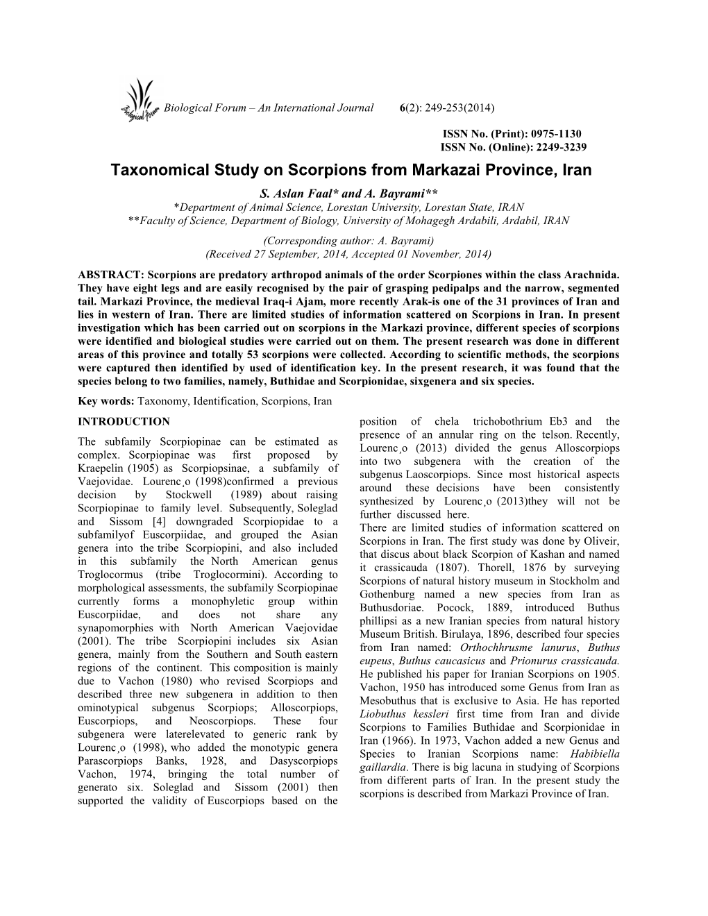 Taxonomical Study on Scorpions from Markazai Province, Iran S