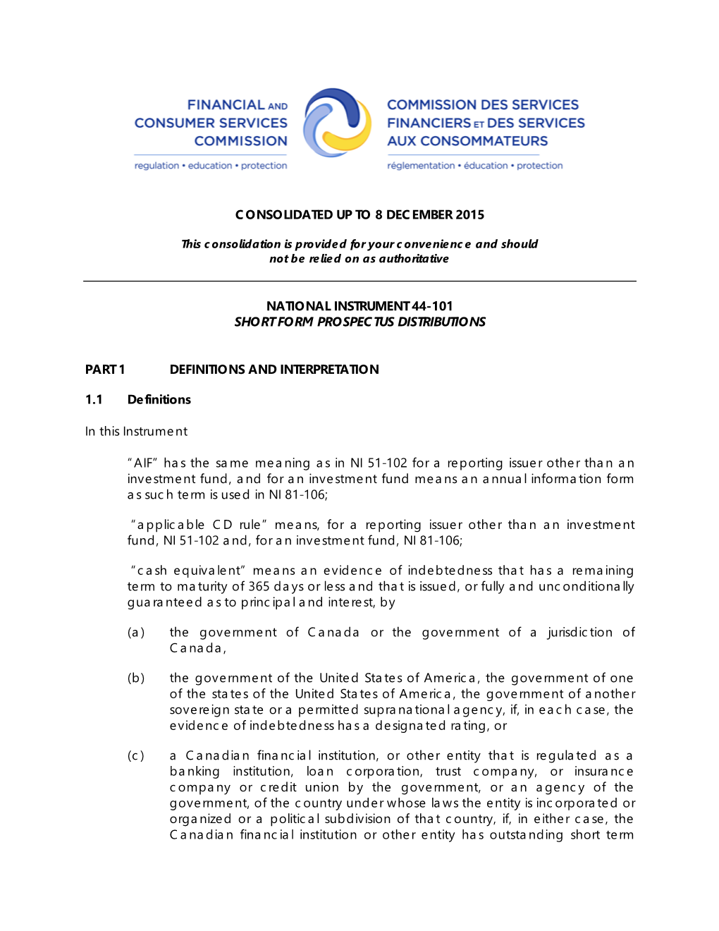 National Instrument 44-101 Short Form Prospectus Distributions