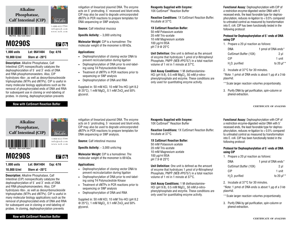 Datasheet for Alkaline Phosphatase Calf Intestinal (CIP) (M0290; Lot 0641404)