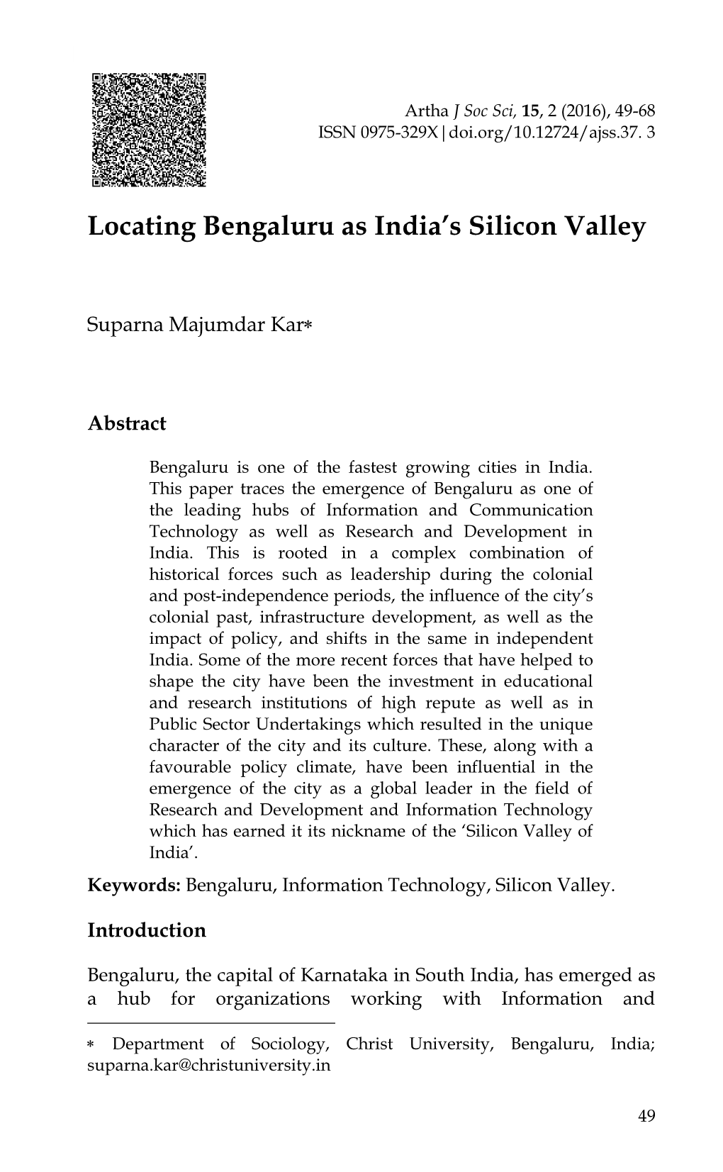 Locating Bengaluru As India's Silicon Valley