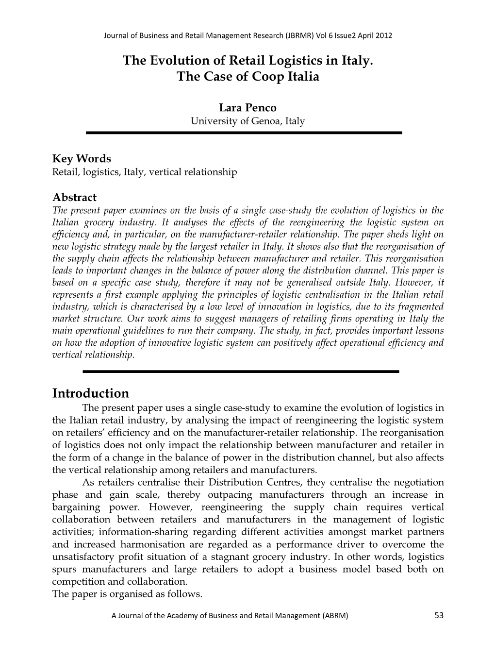 The Evolution of Retail Logistics in Italy. the Case of Coop Italia