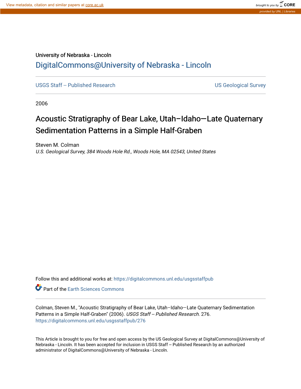 Acoustic Stratigraphy of Bear Lake, Utahâ•Fiidahoâ•Fllate Quaternary