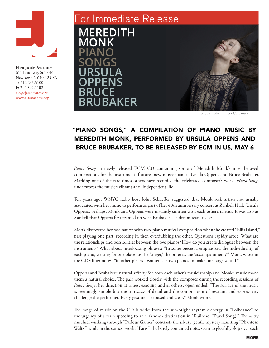 Meredith Monk Piano Songs Ursula Oppens Bruce