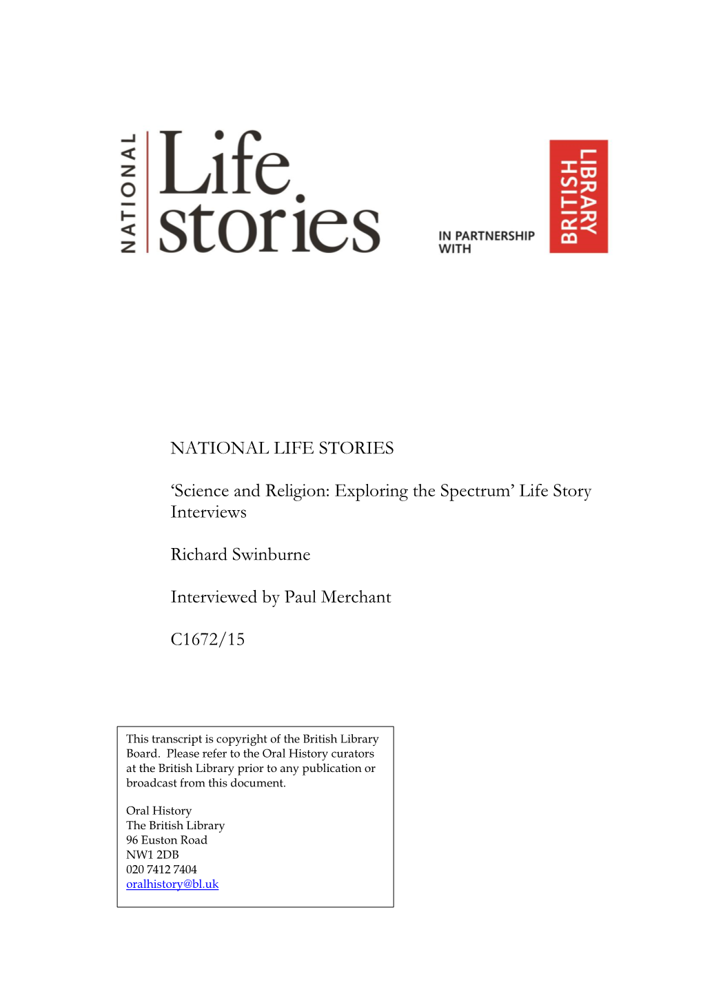 NATIONAL LIFE STORIES 'Science and Religion: Exploring The