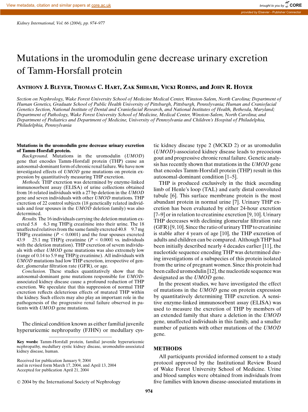 Mutations in the Uromodulin Gene Decrease Urinary Excretion of Tamm-Horsfall Protein