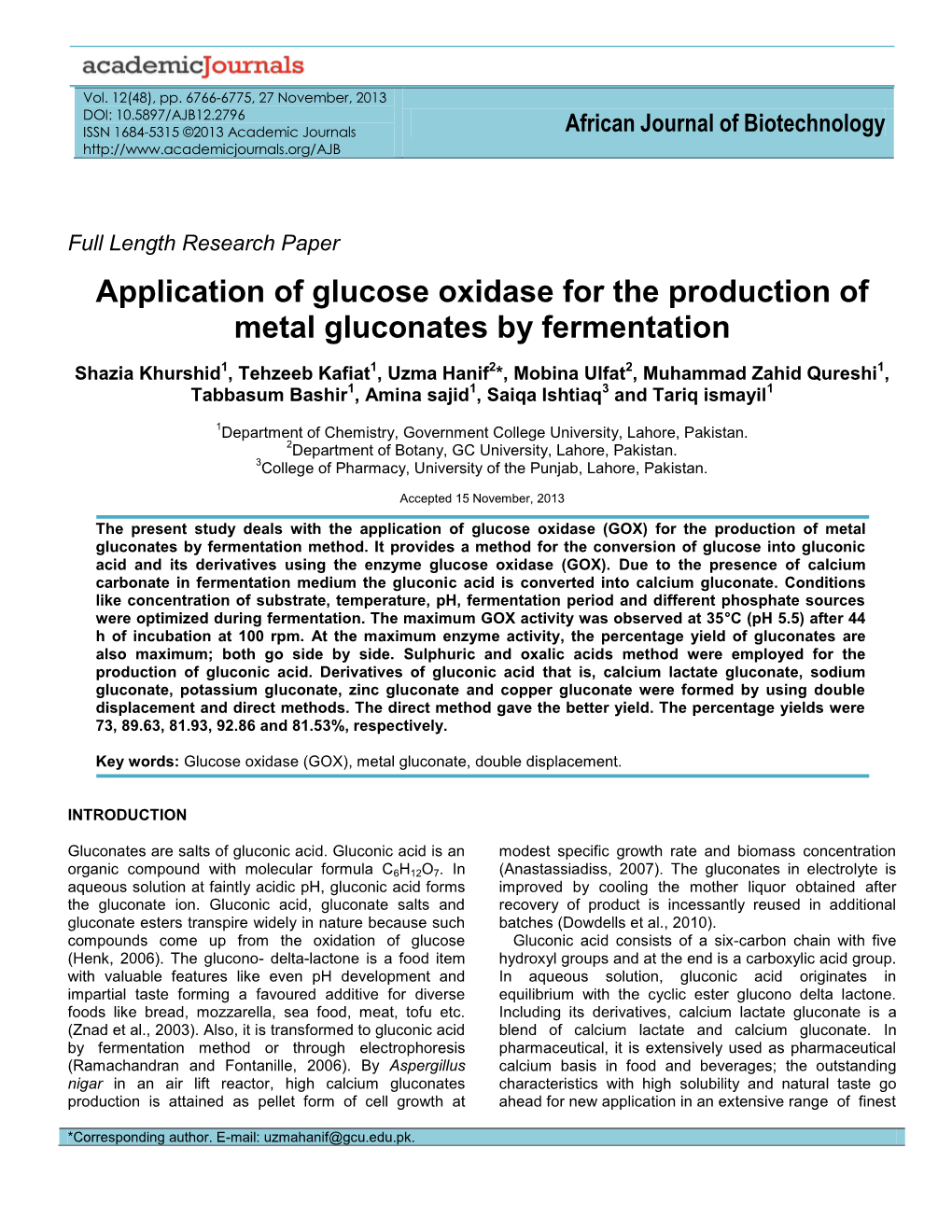 Application of Glucose Oxidase for the Production of Metal Gluconates by Fermentation