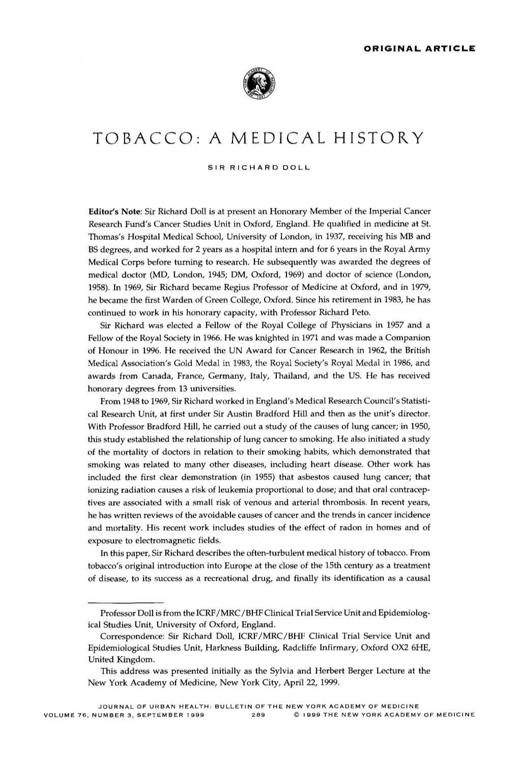 Tobacco: a Medical History