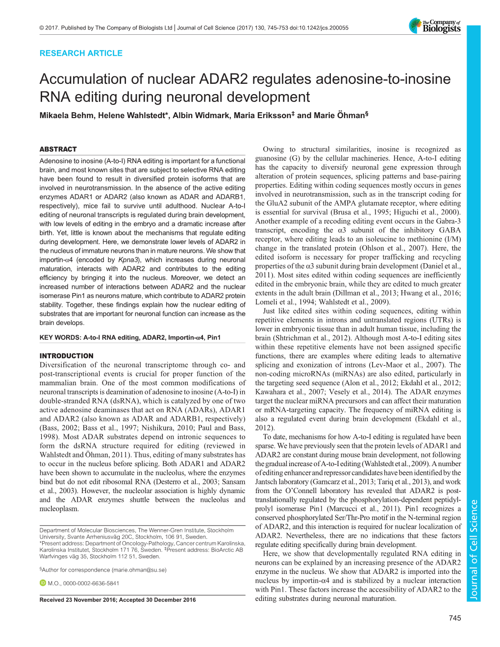 Accumulation of Nuclear ADAR2 Regulates Adenosine-To-Inosine