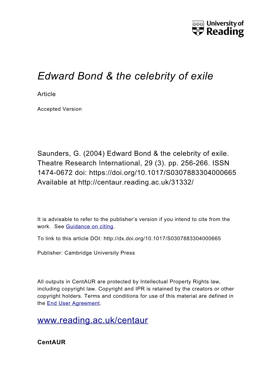 Edward Bond and the Celebrity of Exile