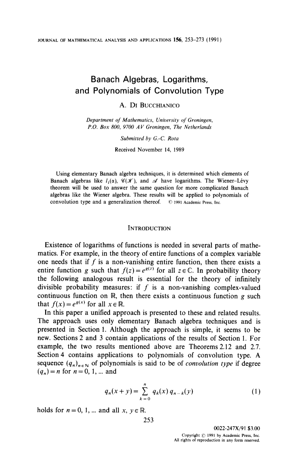 Banach Algebras, Logarithms, and Polynomials of Convolution Type
