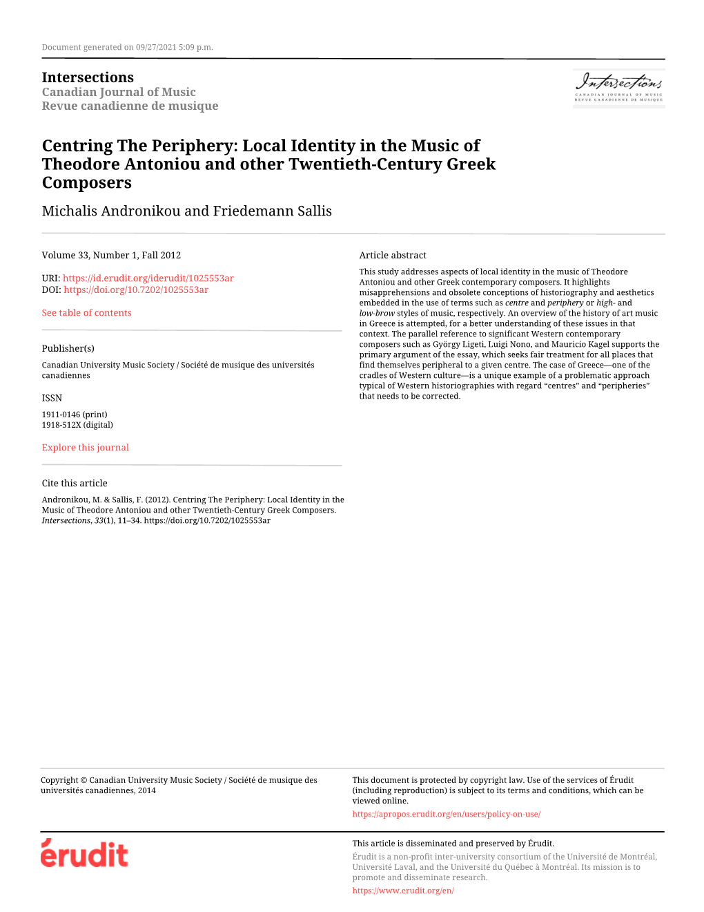 Local Identity in the Music of Theodore Antoniou and Other Twentieth-Century Greek Composers Michalis Andronikou and Friedemann Sallis